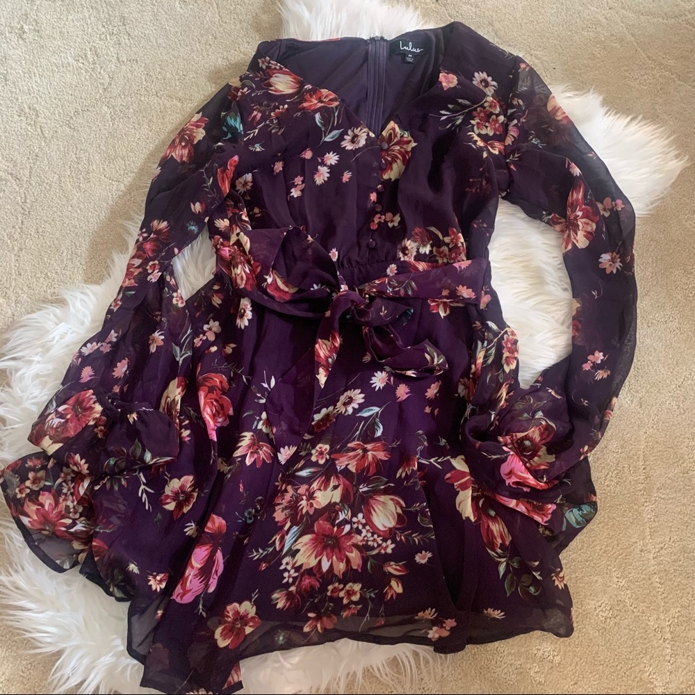 Lulu's Plum Floral Long Sleeve Dress with Tie Waist